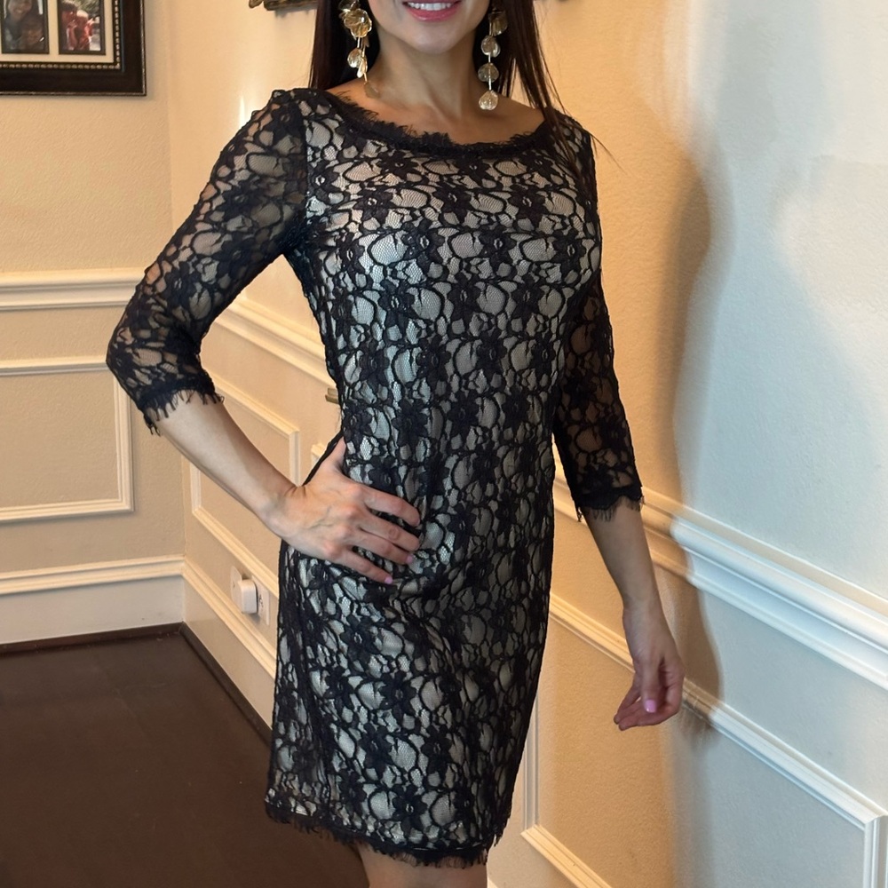 Yahada Black and Tan Sheath Dress with Cuffed 3/4 Sleeves